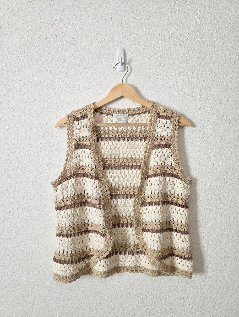 Vintage Neutral Crochet Open Front Knit Top M